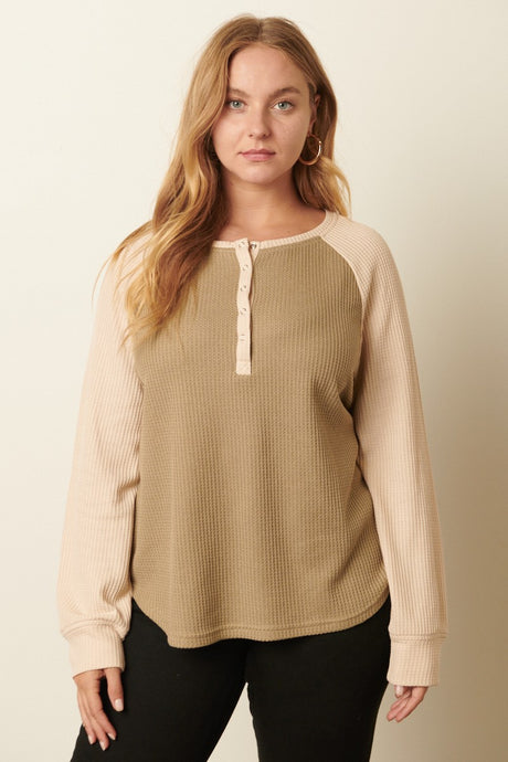 long sleeve waffle knit plus size top front