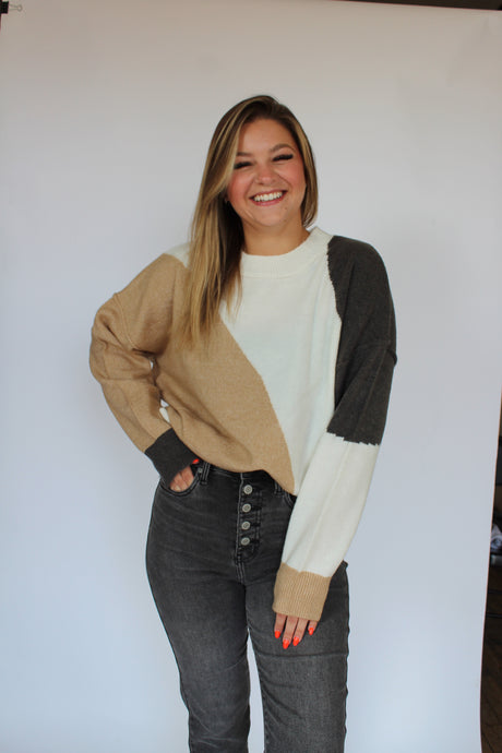 Taupe, grey and cream color block sweater front