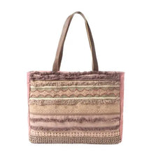 Load image into Gallery viewer, Tote bag with striped pattern and lace details on a white background