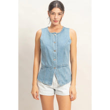 Load image into Gallery viewer, Woman wearing a denim vest over a white shirt on a plain background