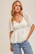 Load image into Gallery viewer, White lace peplum top with smocked top and flutter sleeves