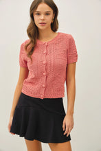Load image into Gallery viewer, Woman wearing a pink knitted cardigan over a black skirt on a white background
