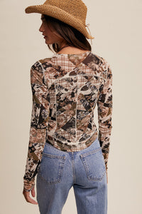 Floral Patchwork Print Mesh Top