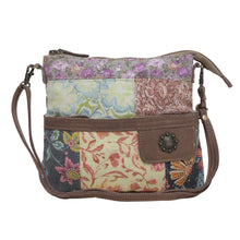 Load image into Gallery viewer, Multicolored floral-patterned crossbody bag with brown accents on a white background

