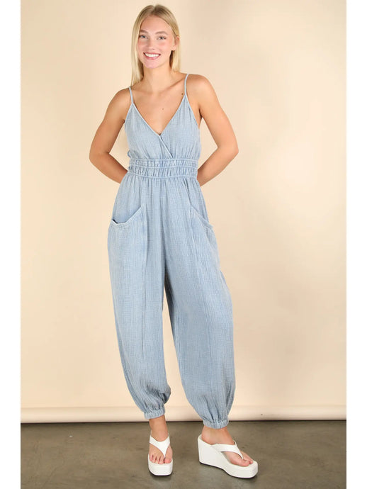 mineral wash blue jumpsuit with pockets