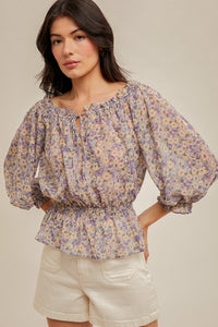 Chiffon floral top with elastic neckline to wear on or off the shoulder