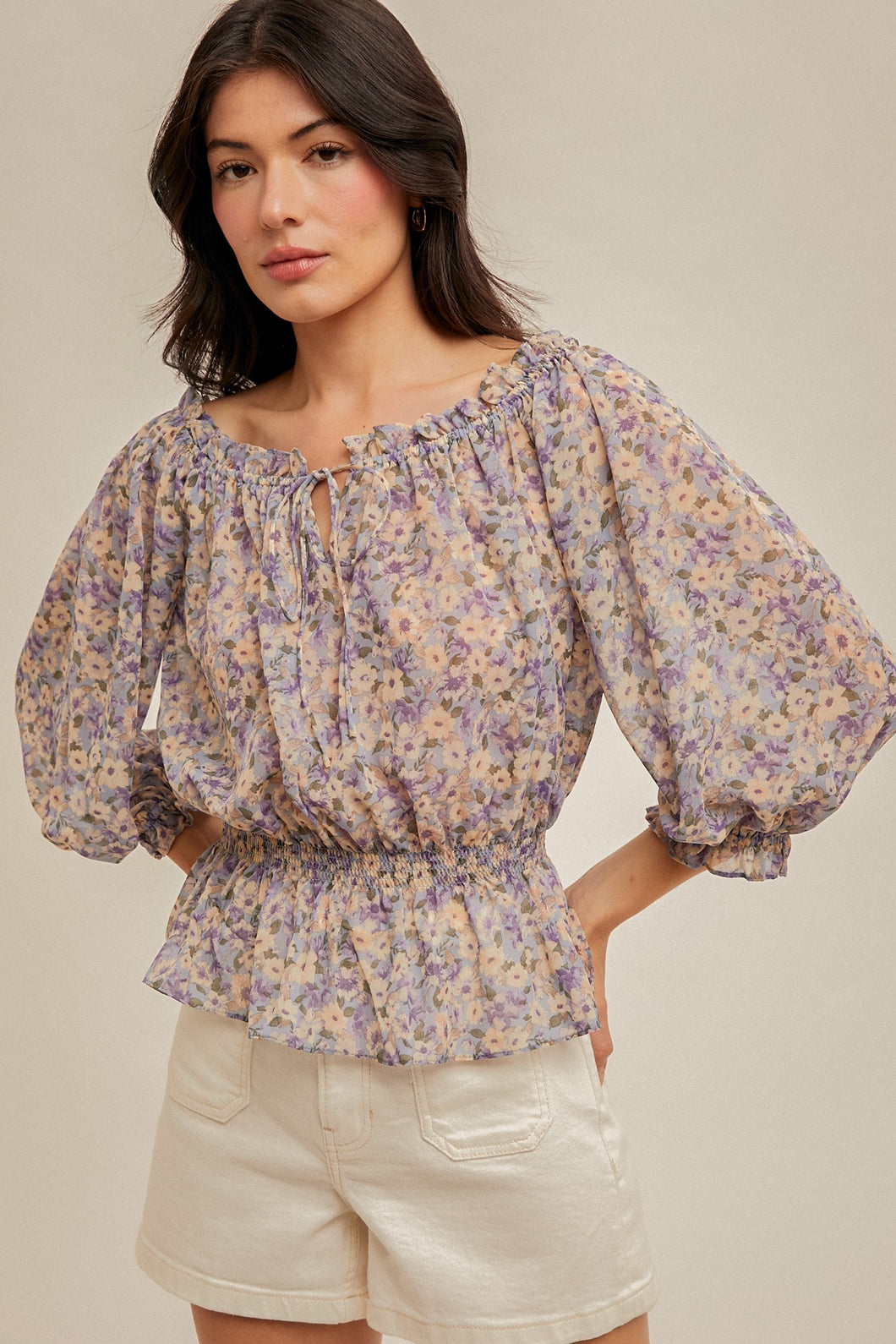 Chiffon floral top with elastic neckline to wear on or off the shoulder