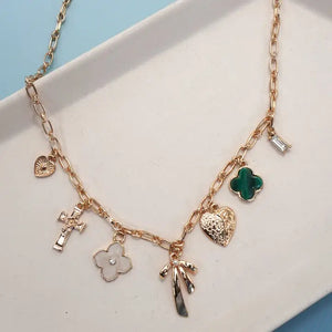 Charm Necklace - Green Clover, Bow, Cross, Heart
