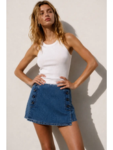 Load image into Gallery viewer, Woman wearing a white tank top and blue denim skirt against a light background
