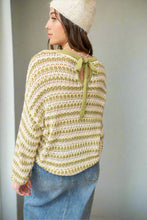 Load image into Gallery viewer, back of striped lime green sweater with tie detail
