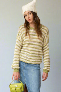striped sweater tie detail at the back of the neck