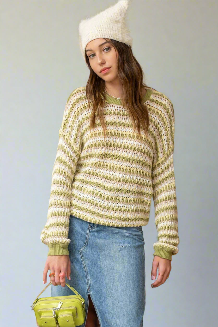 striped sweater tie detail at the back of the neck