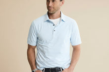 Load image into Gallery viewer, Man wearing a light blue striped polo shirt
