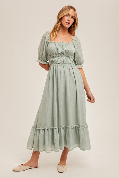 Sage green puff sleeve midi dress