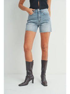 Long length light wash denim shorts